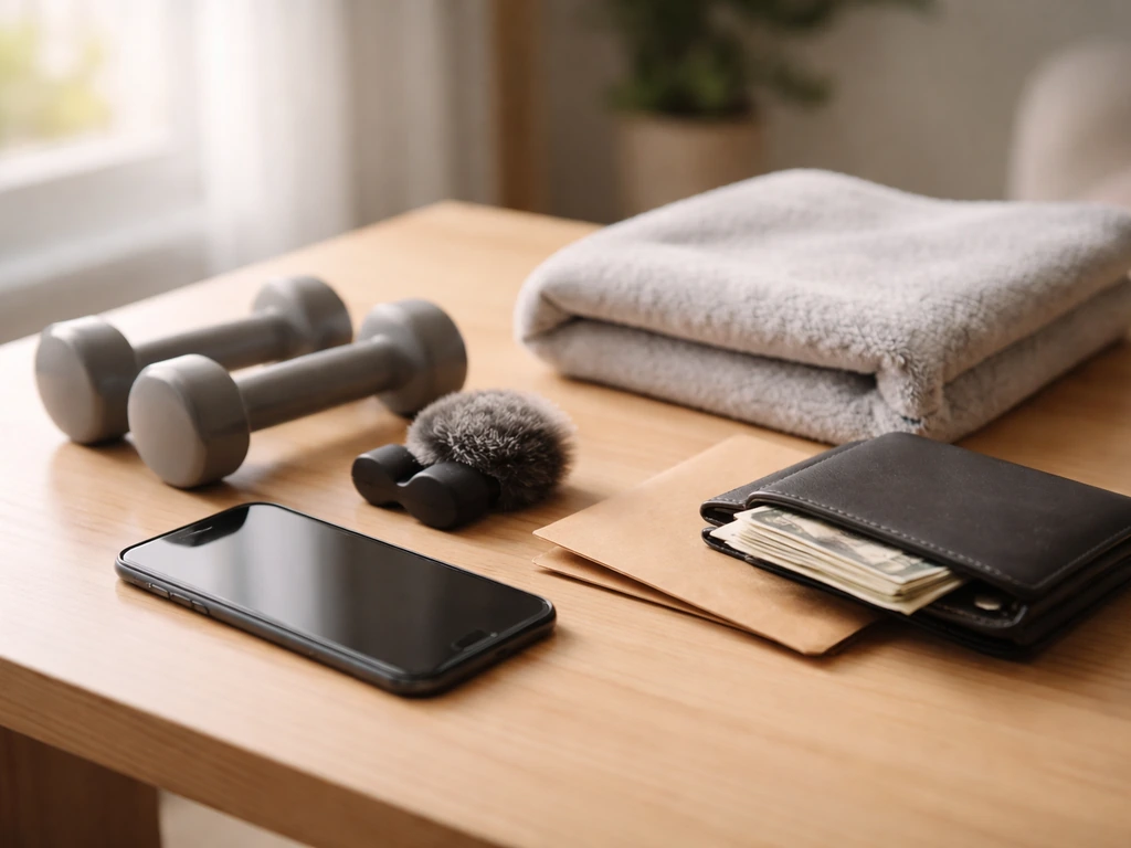 Minimal lifestyle scene with a smartphone, workout gear, and a cash envelope for a fitness creator net worth article