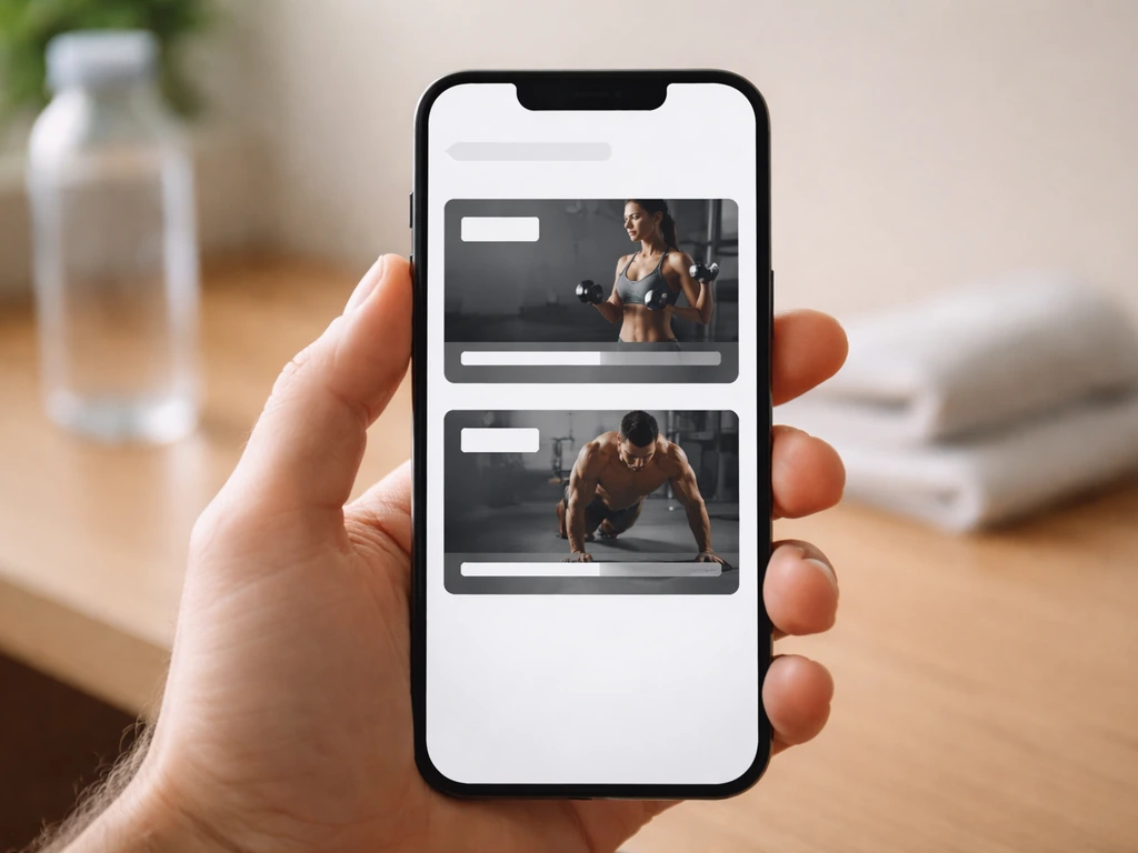 Hand holding a smartphone showing a minimal fitness program list on a Solin-like app screen.