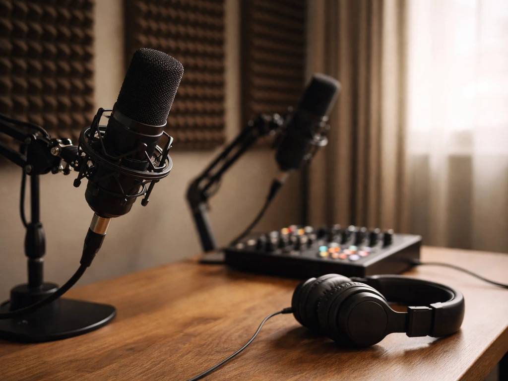 Podcast studio booth with a pair of microphones and a record-ready desk setup