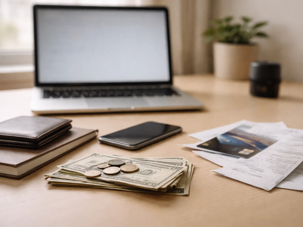 Minimal photo of a creator’s desk with cash, a laptop, and scattered bills and receipts representing assets vs liabiliti