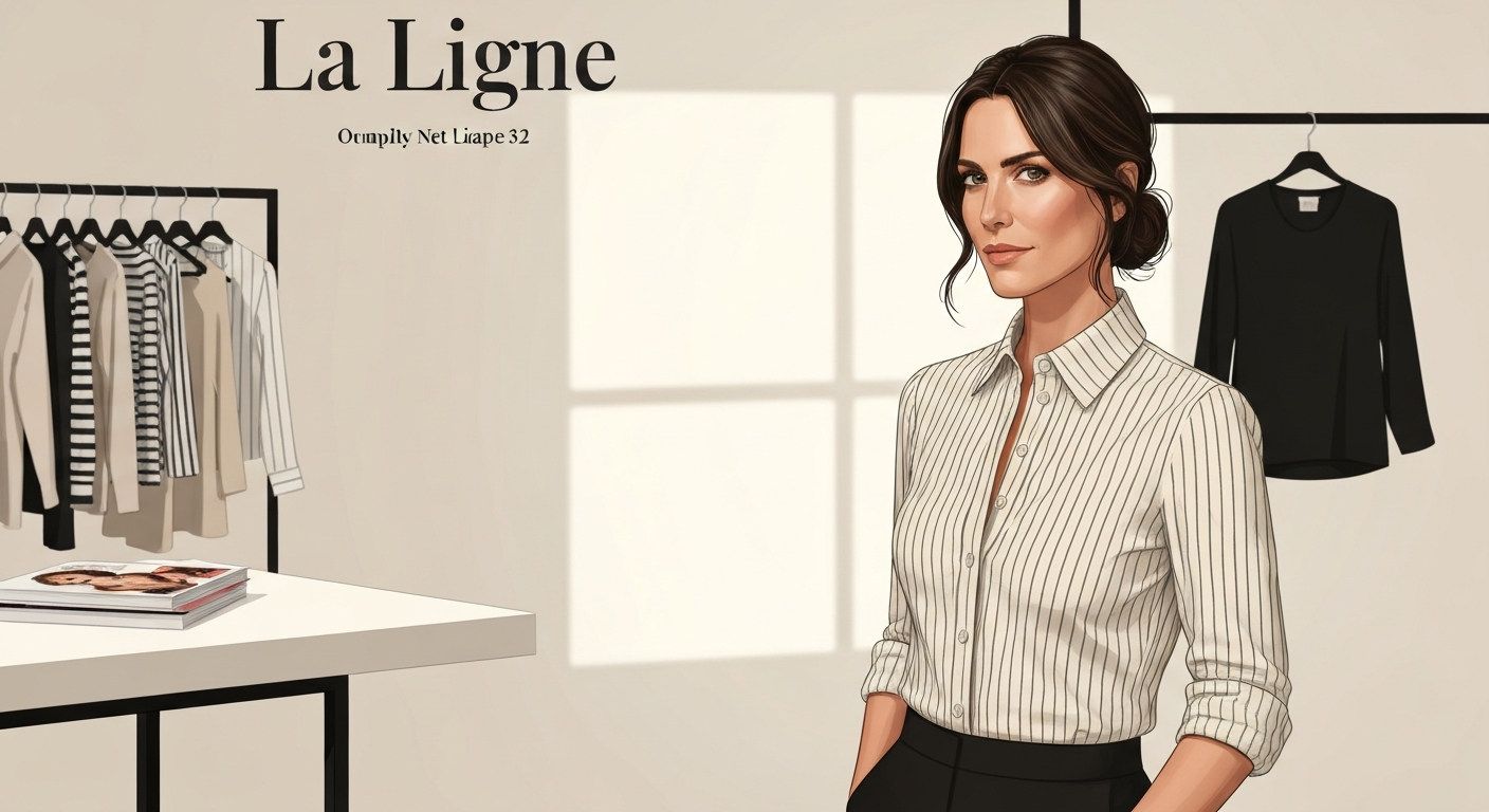 Editorial-style illustrated portrait of a fashion entrepreneur in a boutique setting wearing a striped blouse, evoking La Ligne's aesthetic.
