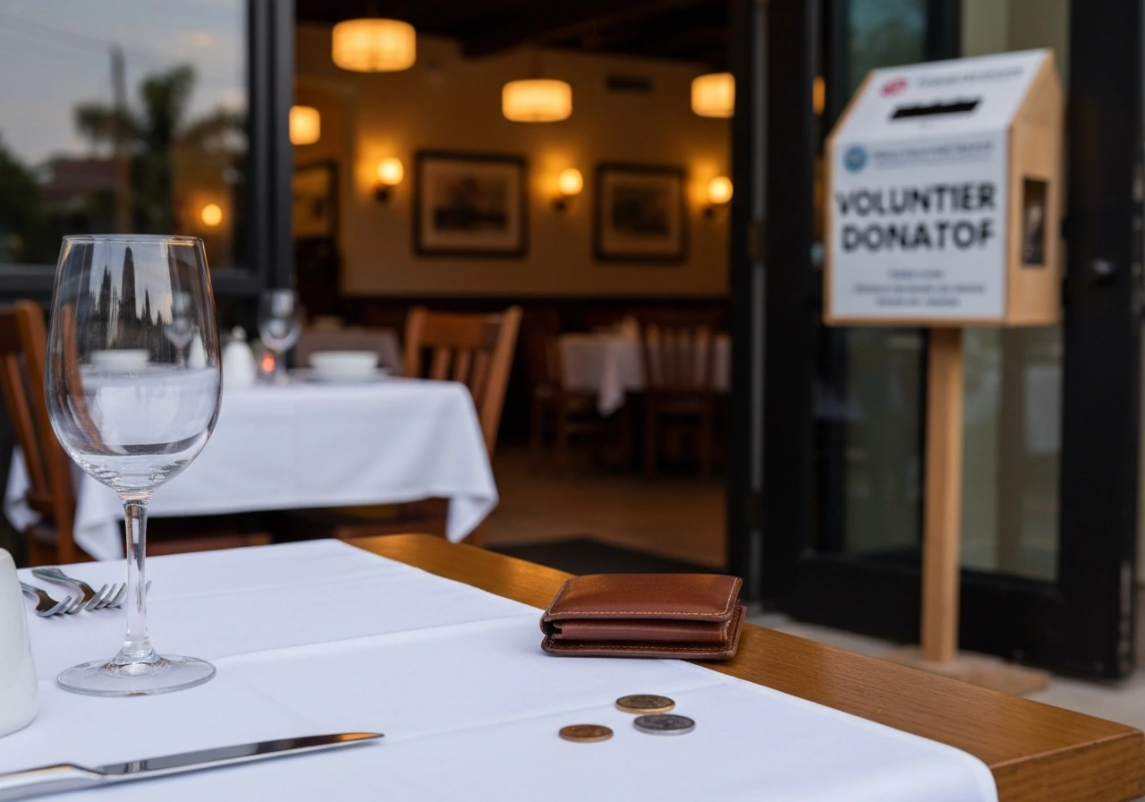 Warm Tampa restaurant entrance at dusk with a wallet and coins on a table, symbolizing business and income.