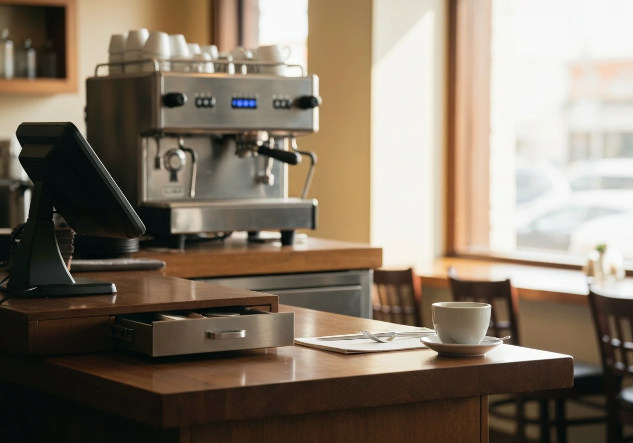 Tampa café dining scene with a small cash register and restaurant setting, symbolizing a restaurateur’s business world.