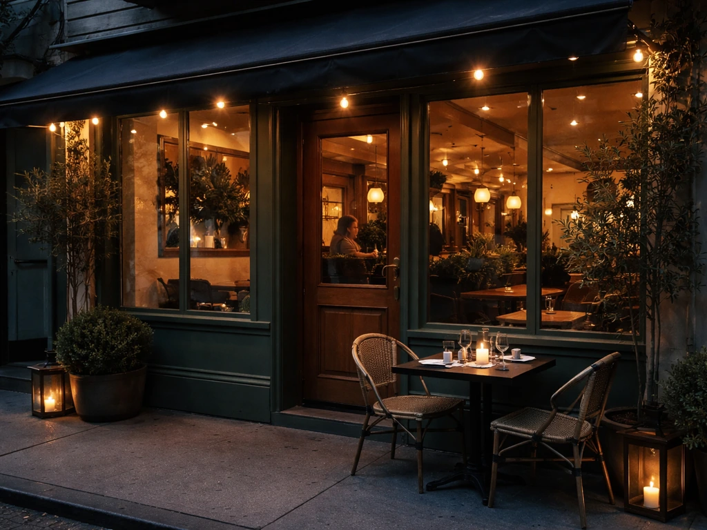 Warm-lit restaurant storefront exterior at dusk with a quiet street, suggesting co-ownership and income
