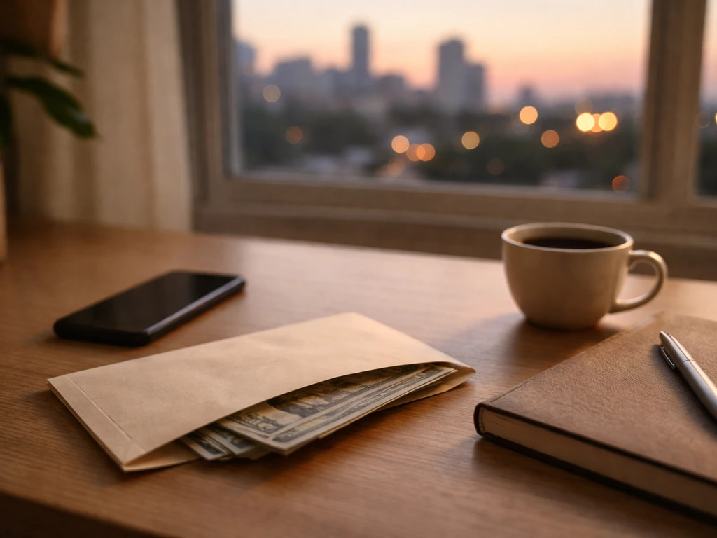 Minimal office scene with a cash envelope, coffee, and a blurred city skyline suggesting career wealth growth