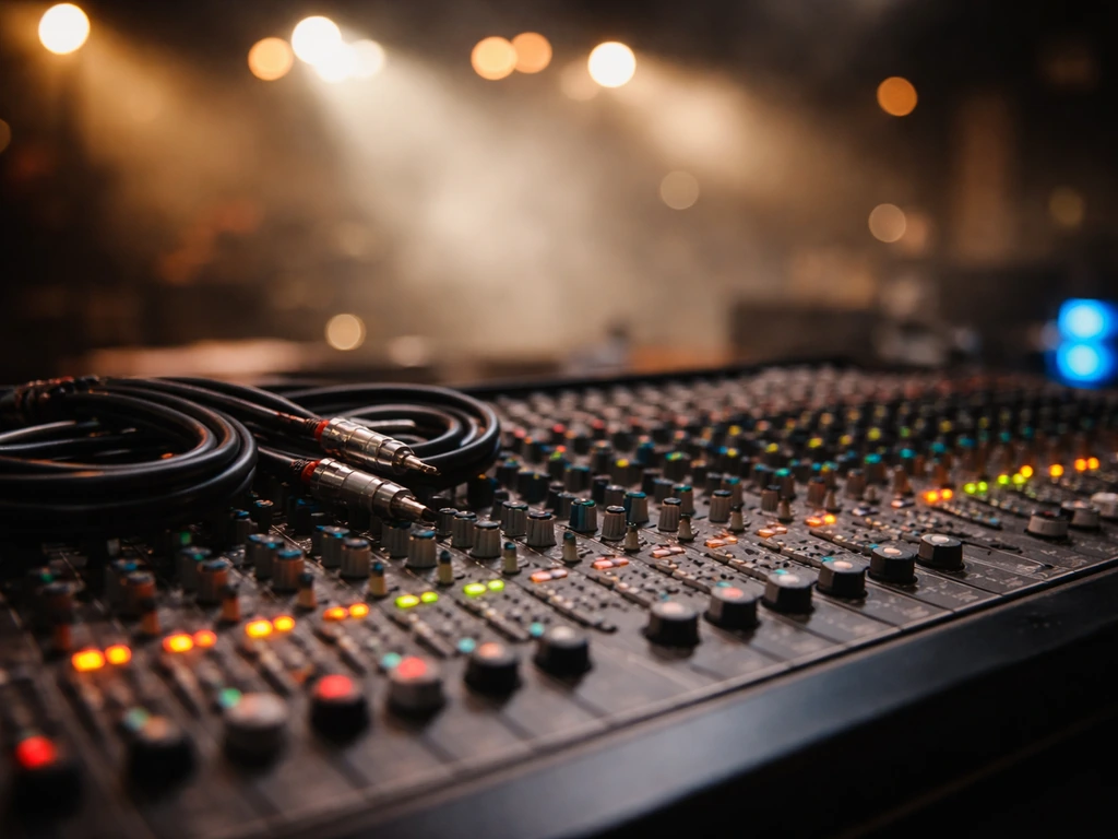 Close-up of studio mixing console lights and cables, symbolizing a musician’s career and financial estimate context