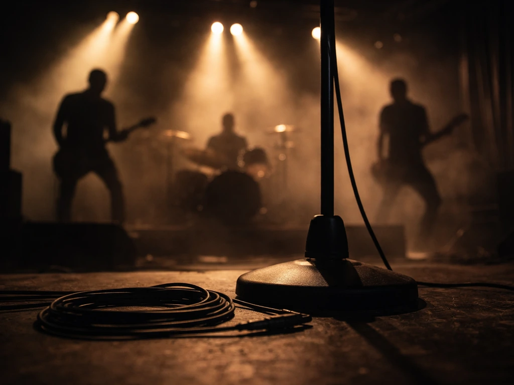 Dimly lit concert stage with blurred musicians and spotlights, suggesting a metalcore vocalist era without showing any p
