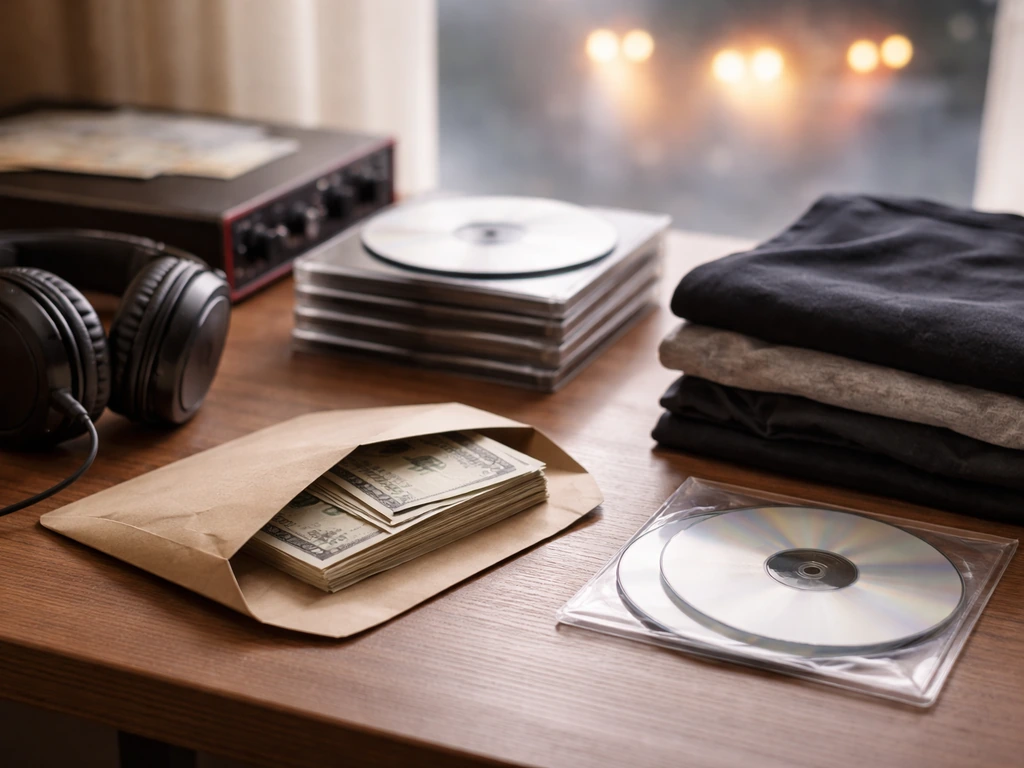 Minimal desk scene with music gear, streaming media discs, and a modest cash envelope symbolism