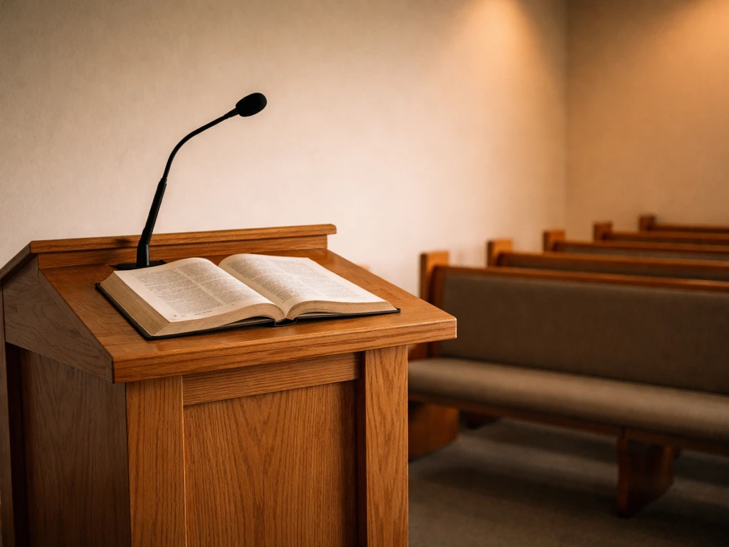 Pastor-style study scene with a simple speaking podium and open Bible, suggesting ministry and church leadership