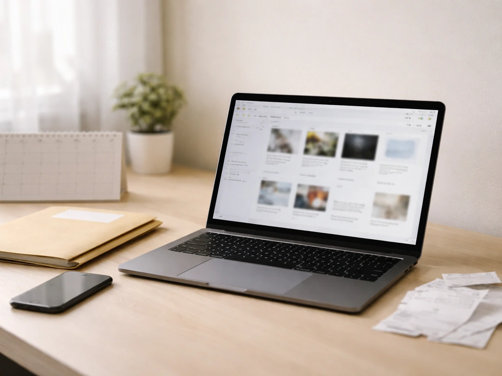 Minimal desk scene with open laptop showing generic media pages and a folder of documents for evidence checking.