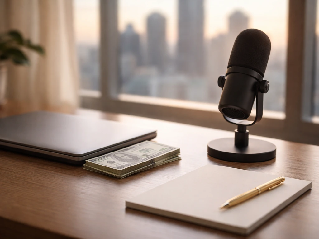 Minimal desk scene with cash, studio microphone, and laptop symbolizing media income and verification.