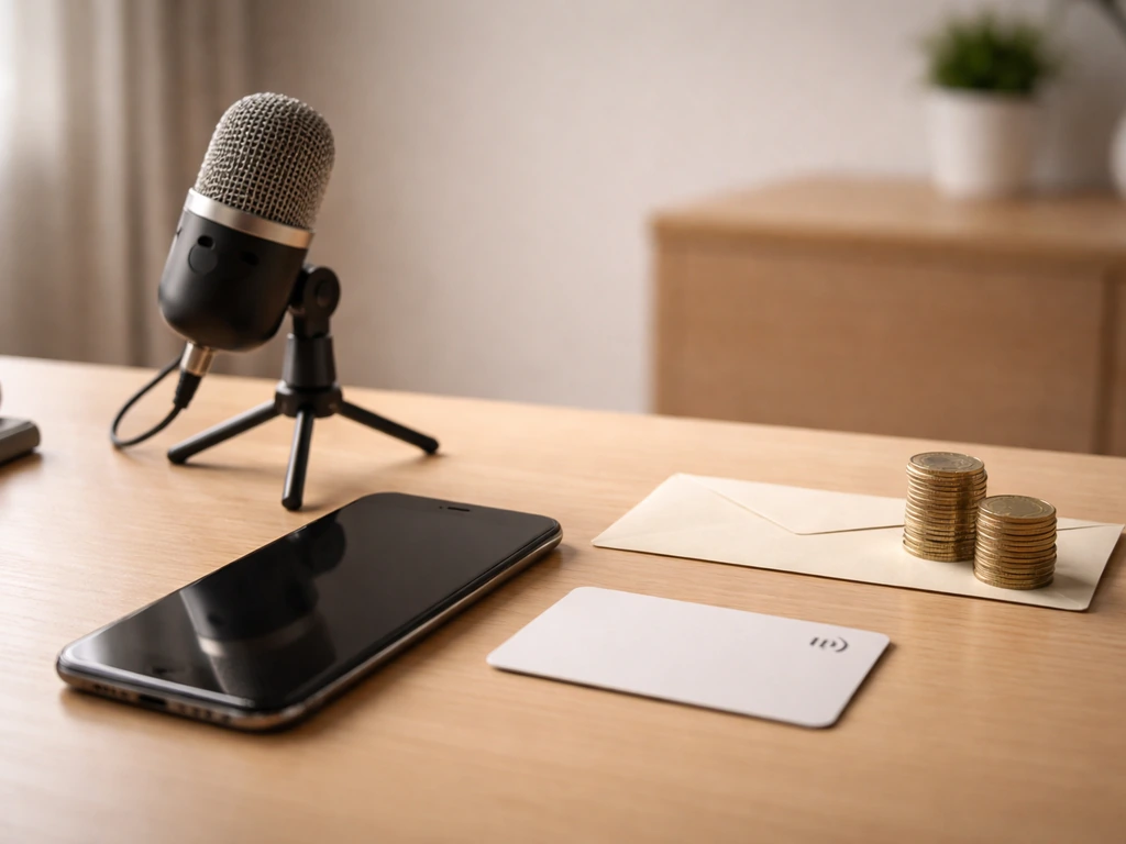 Minimal desk scene with a smartphone, microphone, card, coins, suggesting TikTok monetization without text.