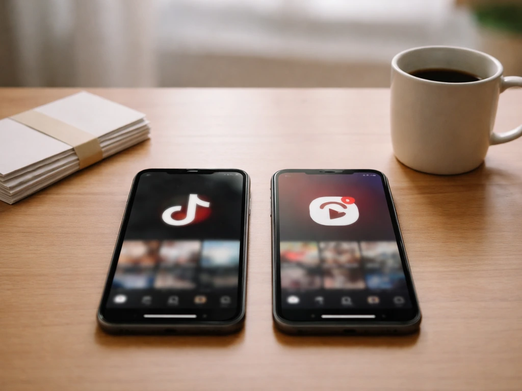 Minimal desk scene with a phone showing split TikTok and Instagram app icons, suggesting cross-platform income