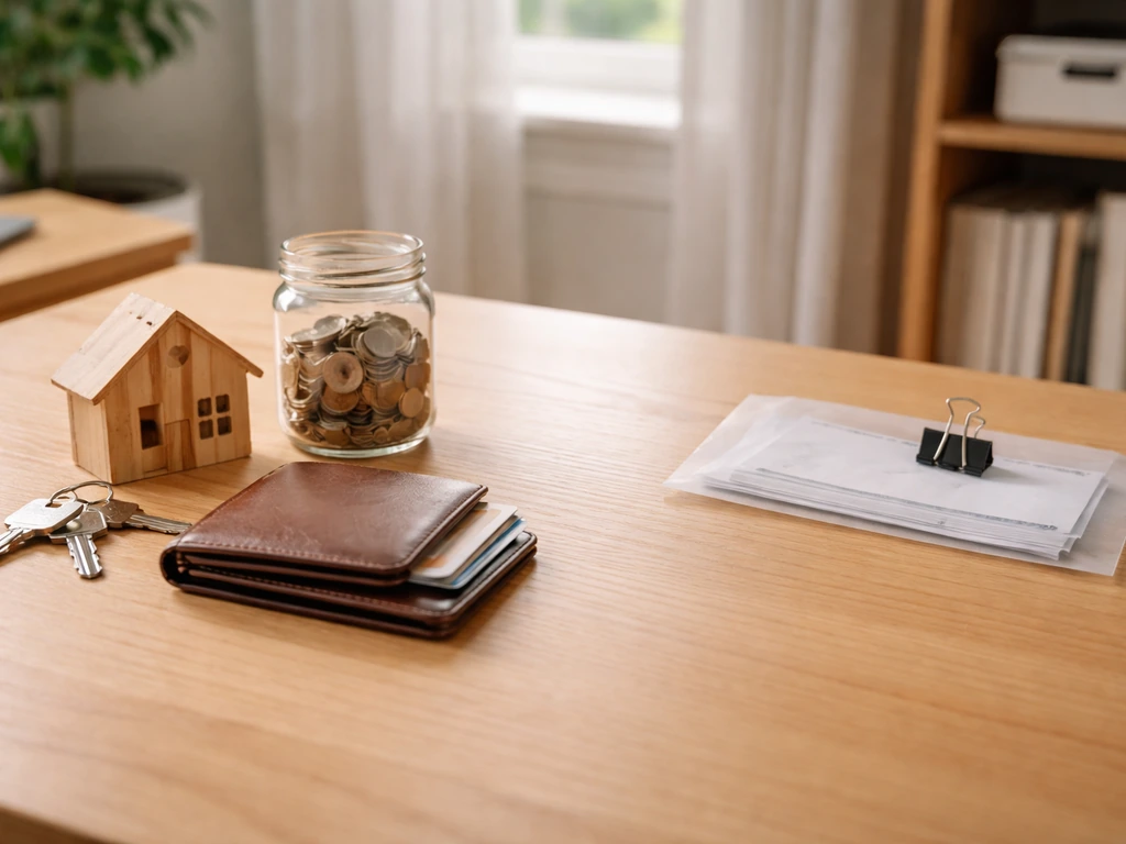 Minimal desk scene with house keys, wallet, coin jar for assets and an envelope for liabilities.