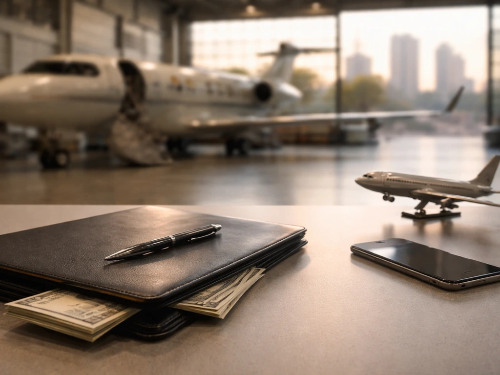 A minimal aerospace workshop desk scene with money, a portfolio, and a small airplane model, no people.