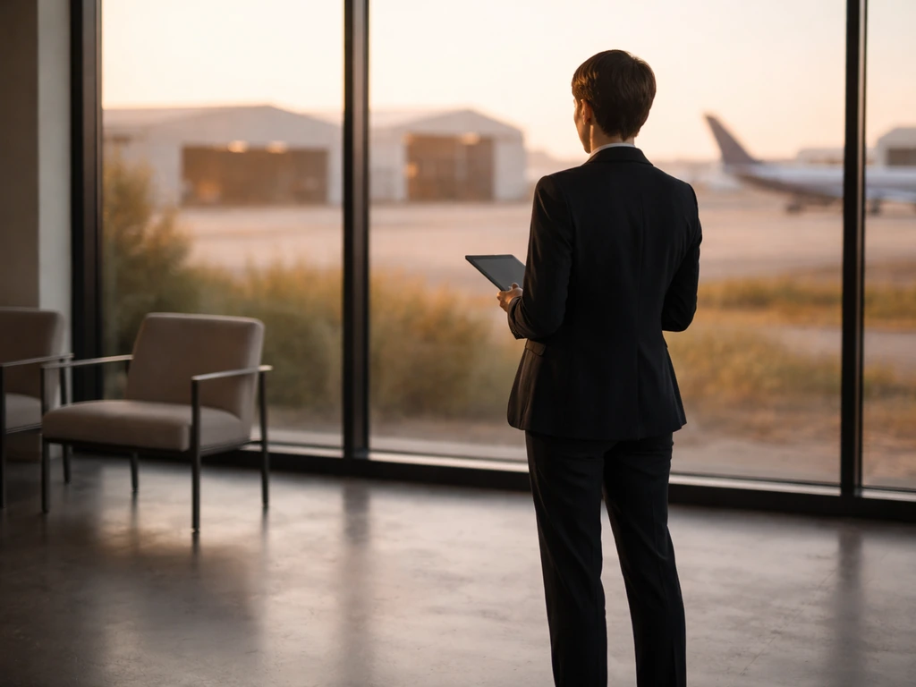 Anonymous business professional by an office window overlooking aerospace hangars near an airport at golden hour.