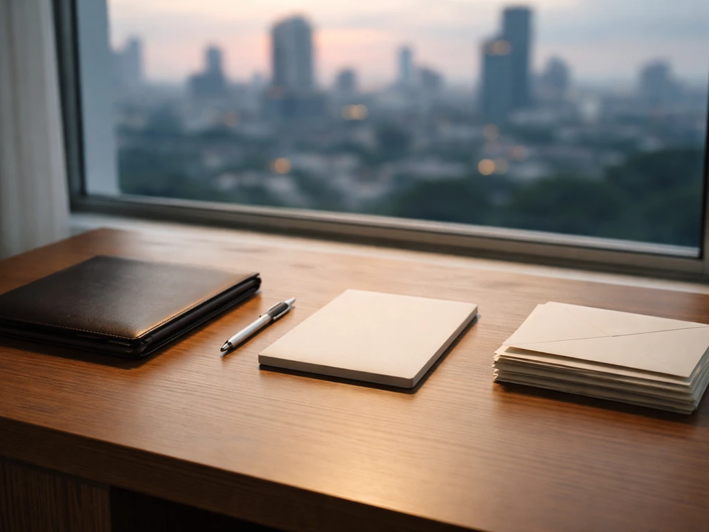 Modern office desk with a sealed envelope, watch, and pen beside a calm city skyline backdrop