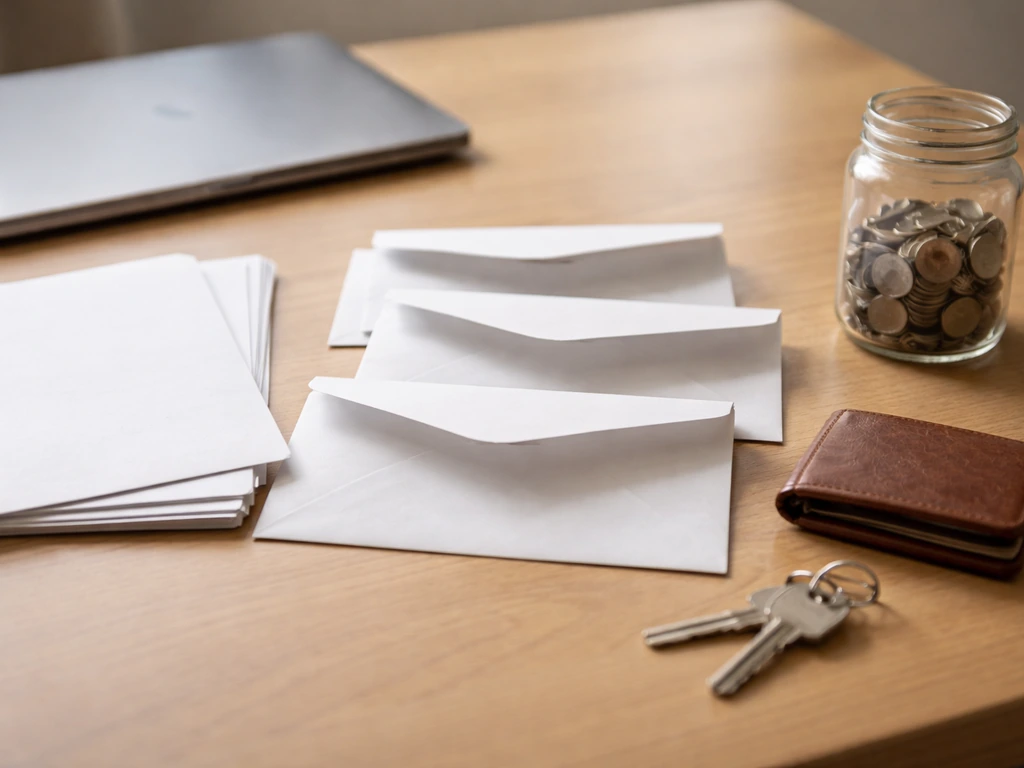 Minimal desk scene with house key, wallet, coins, and unmarked documents suggesting asset categories for a net worth est