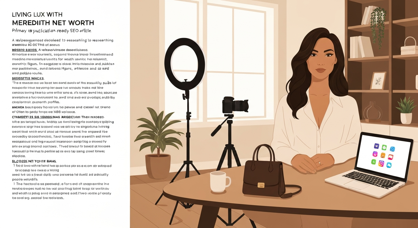 Illustrative editorial portrait of a female lifestyle content creator in a home studio with a luxury handbag, camera gear, and a laptop — stylized representation of the Living Lux with Meredith brand.