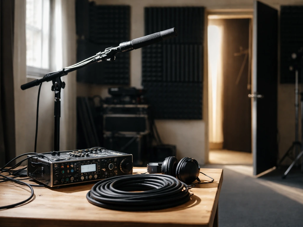 Unattended film sound equipment and audio mixer on a production table in a quiet studio.