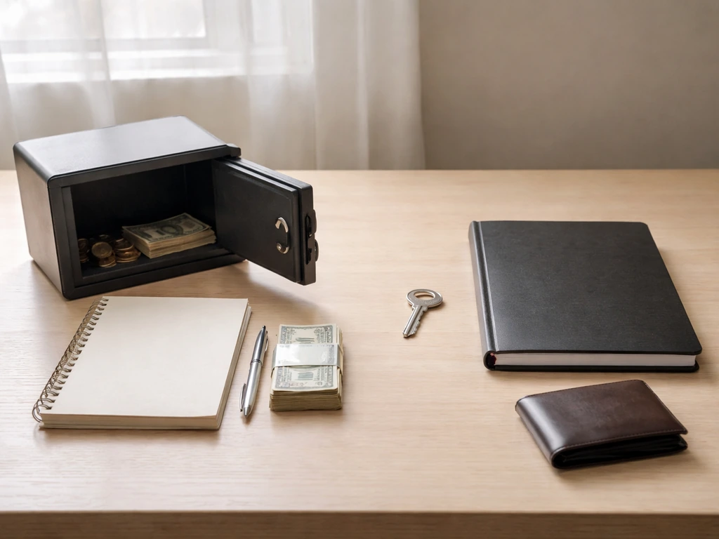Minimal desk scene showing money items on one side and debt-like objects on the other, no text.