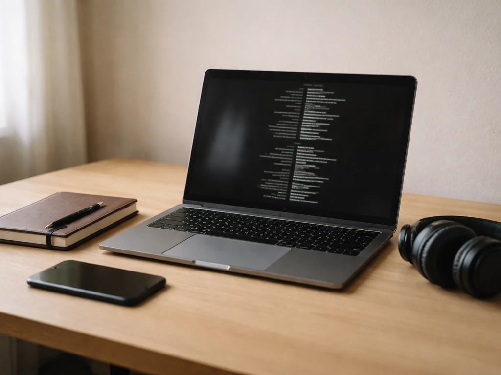 Minimal desk scene showing a laptop with a blurred movie-credits style screen for researching public film work.