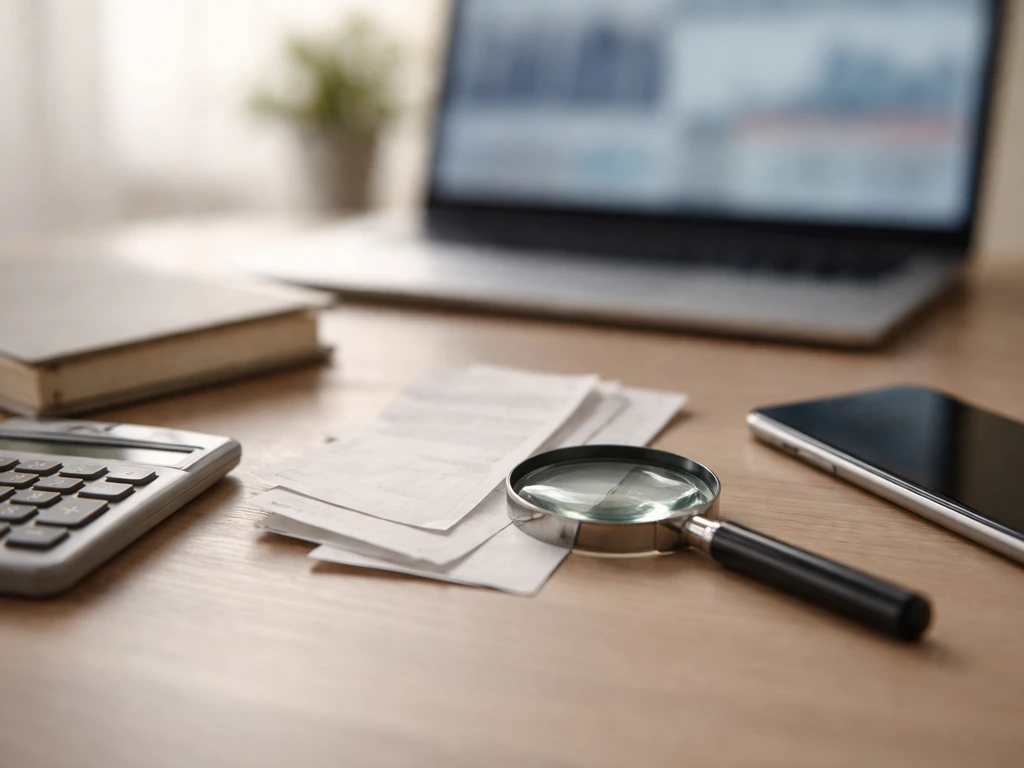 Minimal photo of a desk with scattered receipts, a calculator, and a laptop showing blurred financial headlines