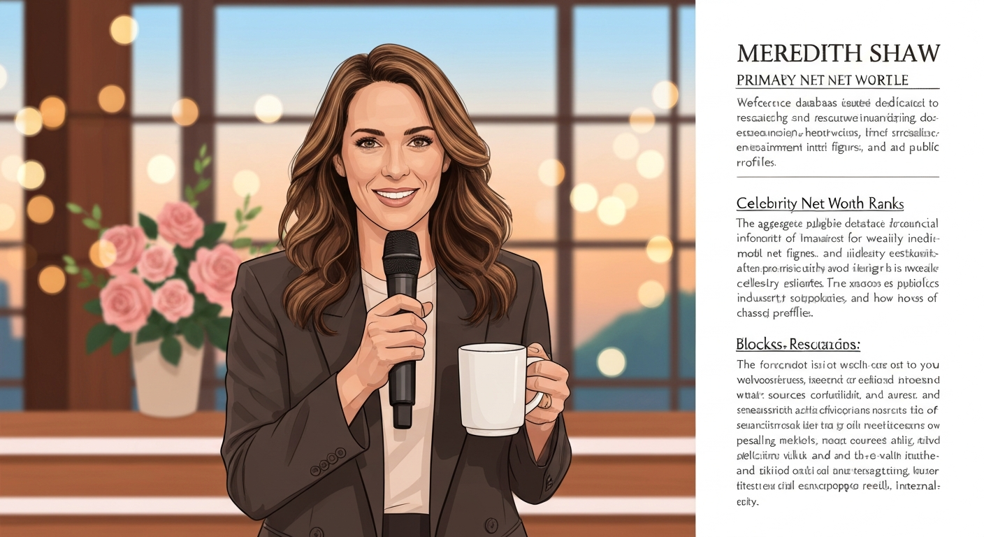 Stylized editorial portrait of Meredith Shaw, smiling and holding a microphone and coffee mug in a daytime TV studio.