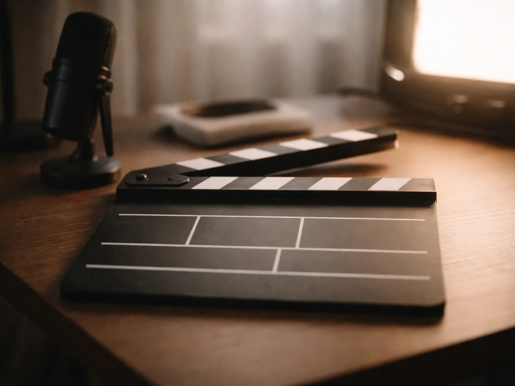 Close-up of a film clapperboard on a desk with a studio microphone and soft set lighting, no people.