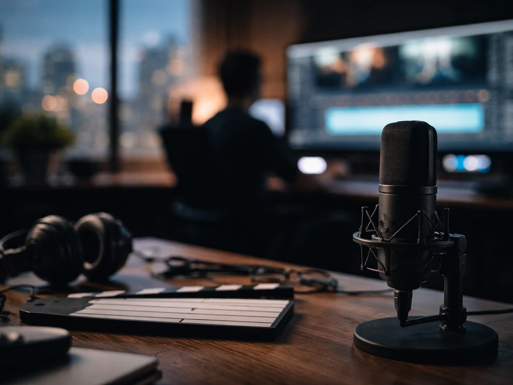 Minimal film studio desk with a microphone and blurred production setting, symbolizing media and entertainment connectio