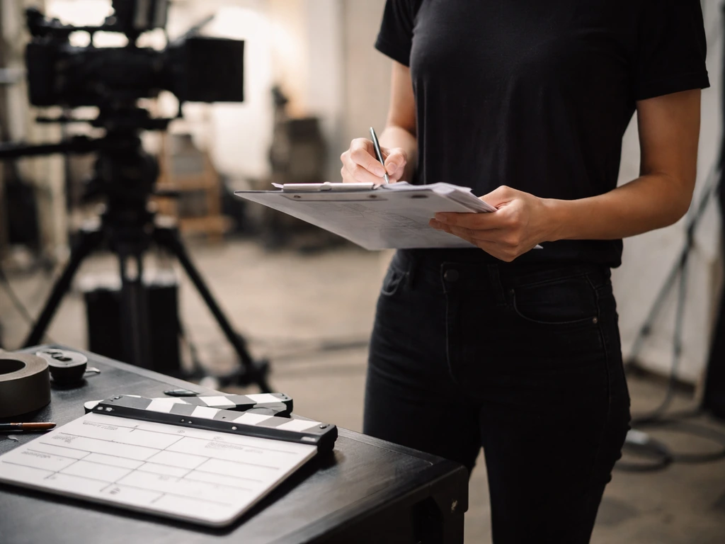 Film producer on set reviewing a clipboard near a clapper and production backdrop