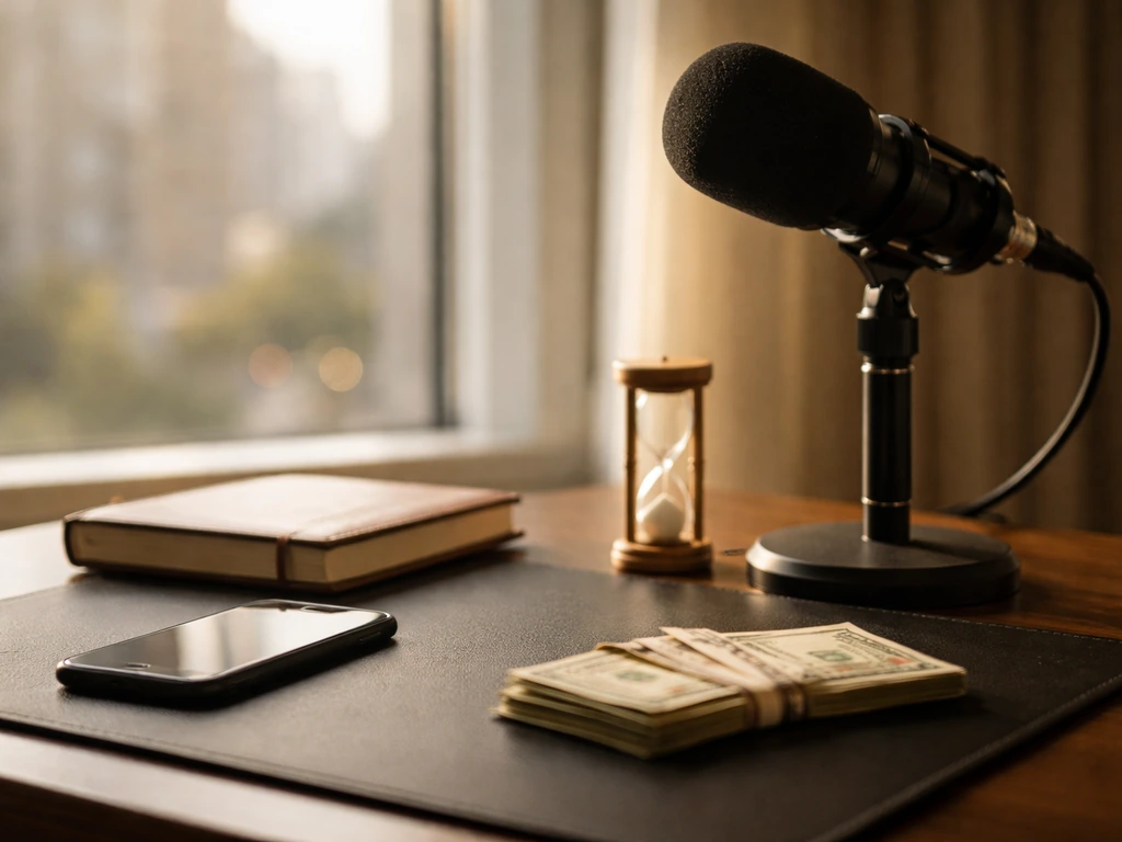 Minimal studio desk scene with a phone and folded cash near a window, suggesting changing wealth over time.