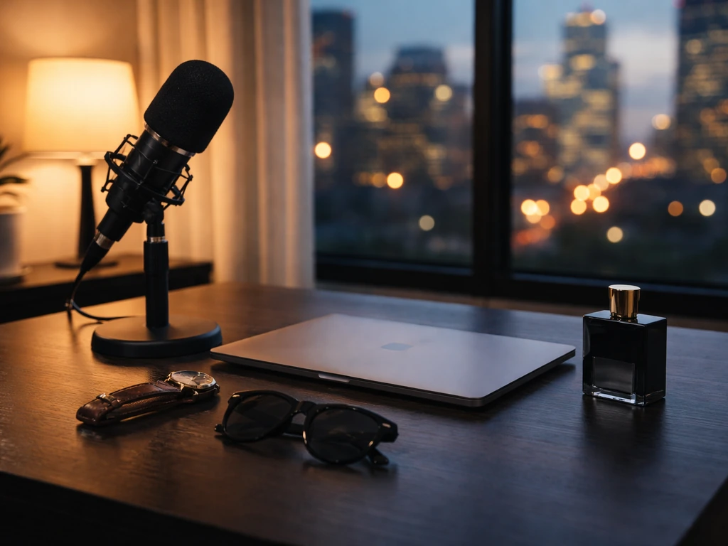 Reality-TV style workspace with a microphone, city skyline blur, and luxury decor symbolizing net worth
