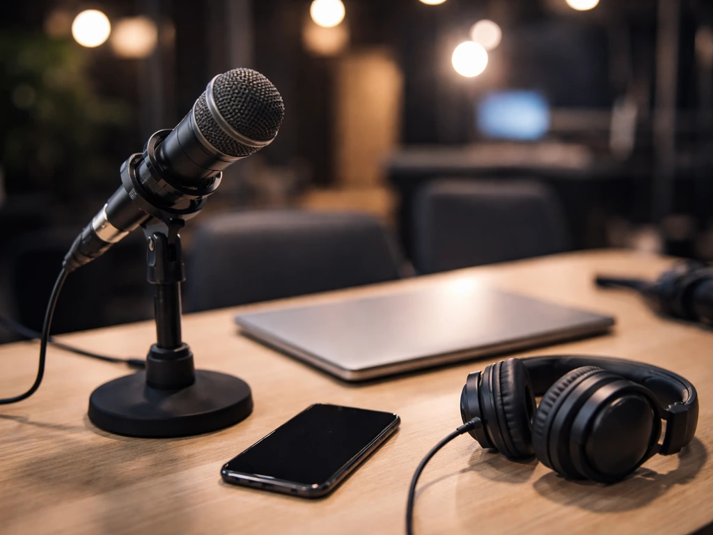 Quiet studio desk setup with microphones and a laptop, suggesting reality TV press and income sources