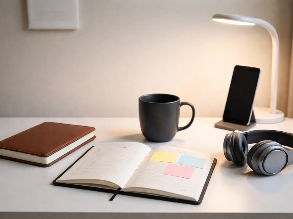 Minimal desk coaching setup with notebook, planner, headphones, and phone stand under natural light.