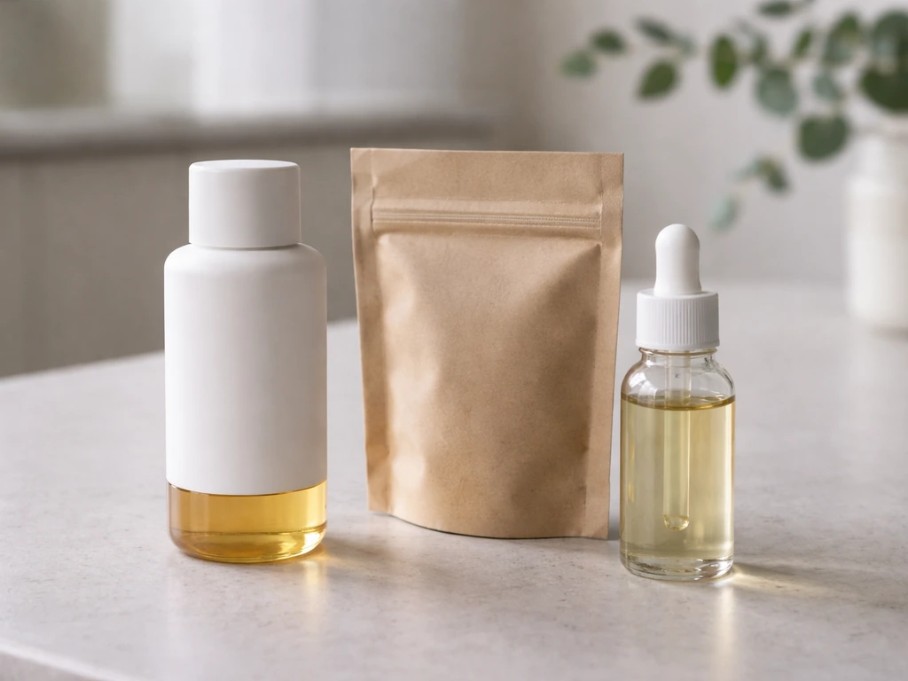Close-up of minimalist CBD wellness product packaging on a clean countertop