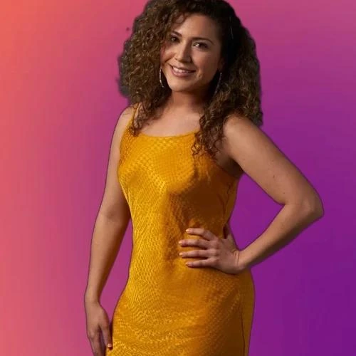 Mallory Zapata posing in a yellow dress against a pink and purple gradient background.