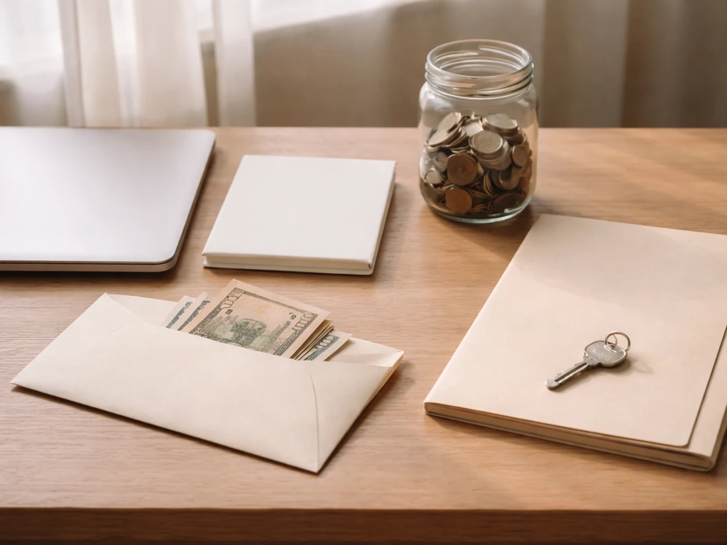 Minimal desk scene with cash, coins in a jar, and a blank folder symbolizing savings and assets.