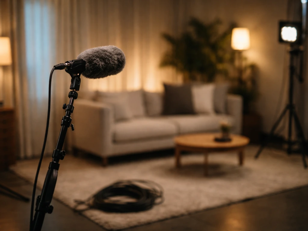 Empty reality-TV set with a boom microphone and warm studio lights, filming backdrop mood.