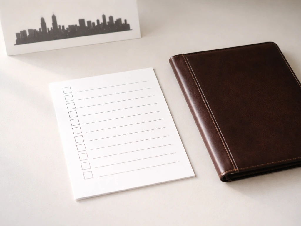 Overhead view of a blank checklist beside a Chicago skyline silhouette, suggesting no public records found.