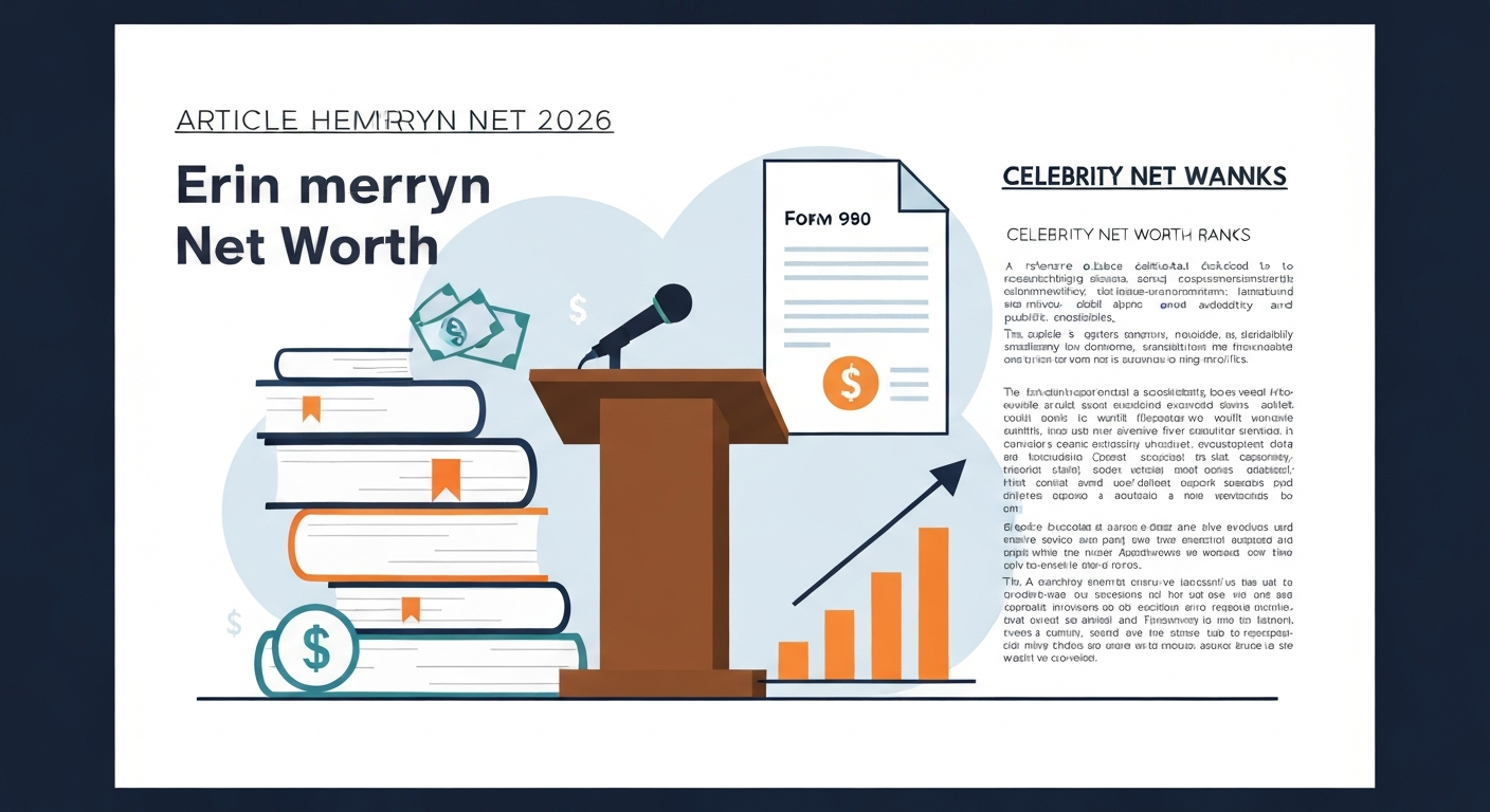Editorial illustration with stacked books, a podium, a nonprofit form, dollar symbols and a bar chart representing net worth and income sources.