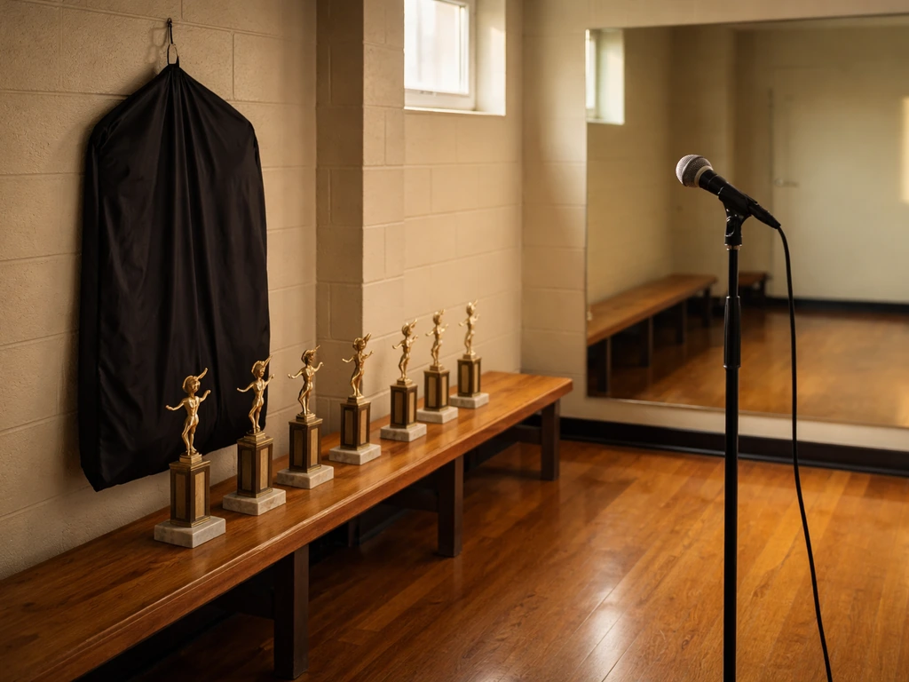 Minimal photo of a dance studio dressing room with a set of trophies and a studio microphone stand