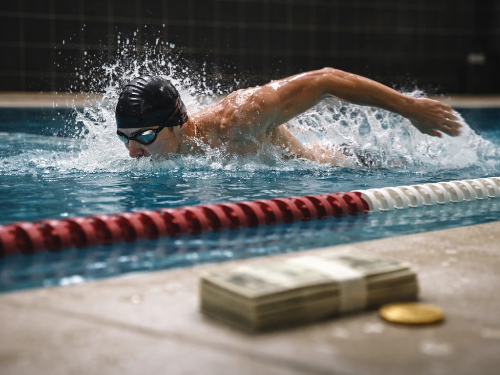 Close-up of a competitive swimmer in freestyle sprint gear at pool edge, energetic motion blur.
