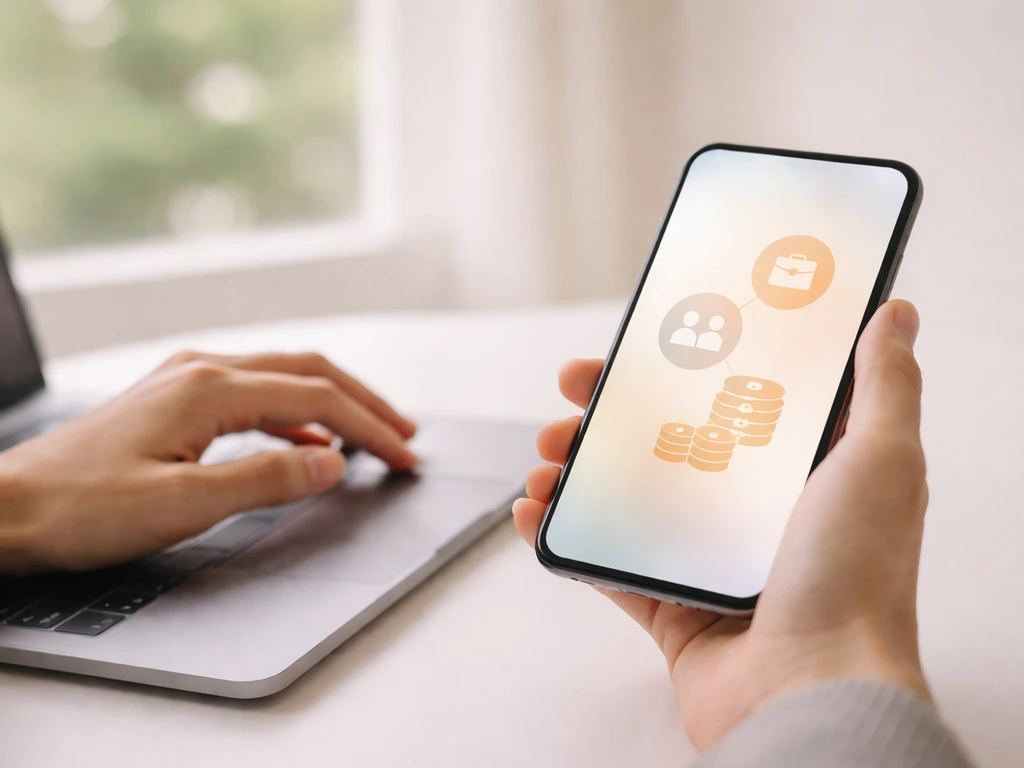 Minimal photo of a laptop and notebook with a smartphone showing abstract income-style icons, no text.
