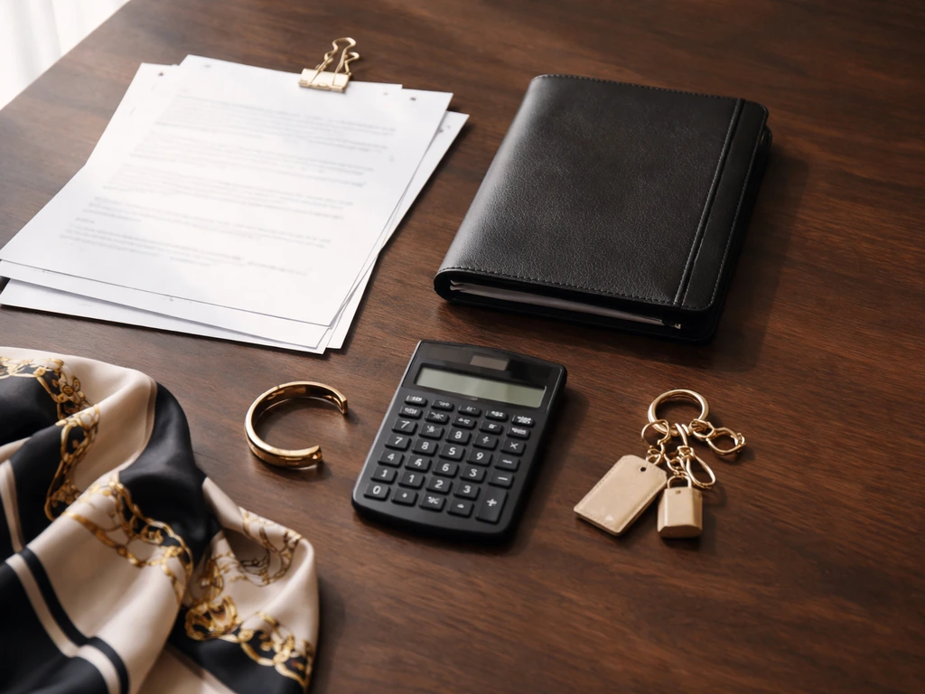 Flat-lay of a celebrity stylist’s income essentials: documents, luxury accessories, and a calculator on a desk.