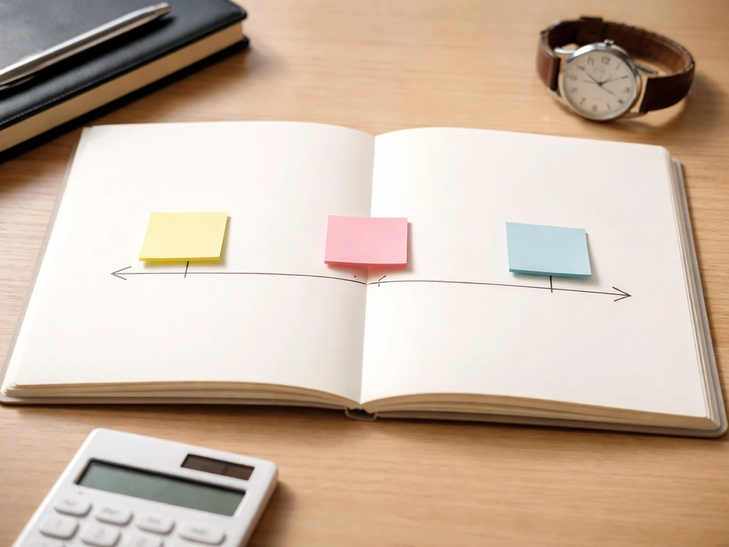 Minimal timeline on a desk with a calculator and papers, symbolizing wealth growth over time.