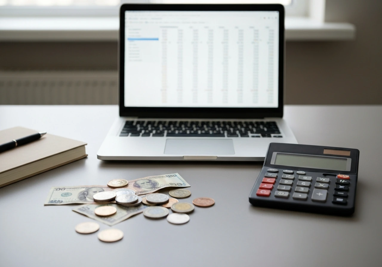 Minimal photo of a desk with scattered cash, calculator, and laptop showing a blurred spreadsheet-like glow