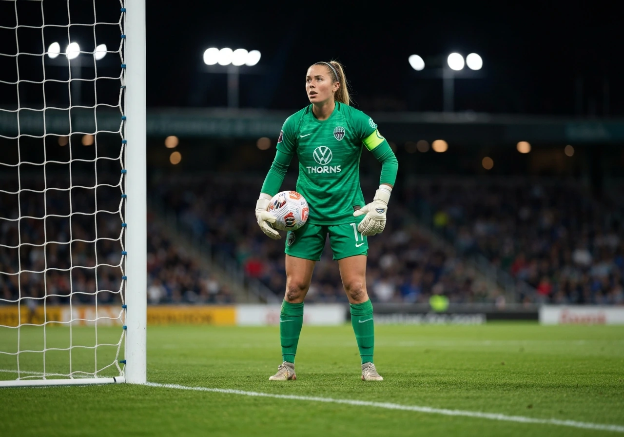 Goalkeeper in a Portland Thorns–style kit stands ready on the soccer field in front of the goal.