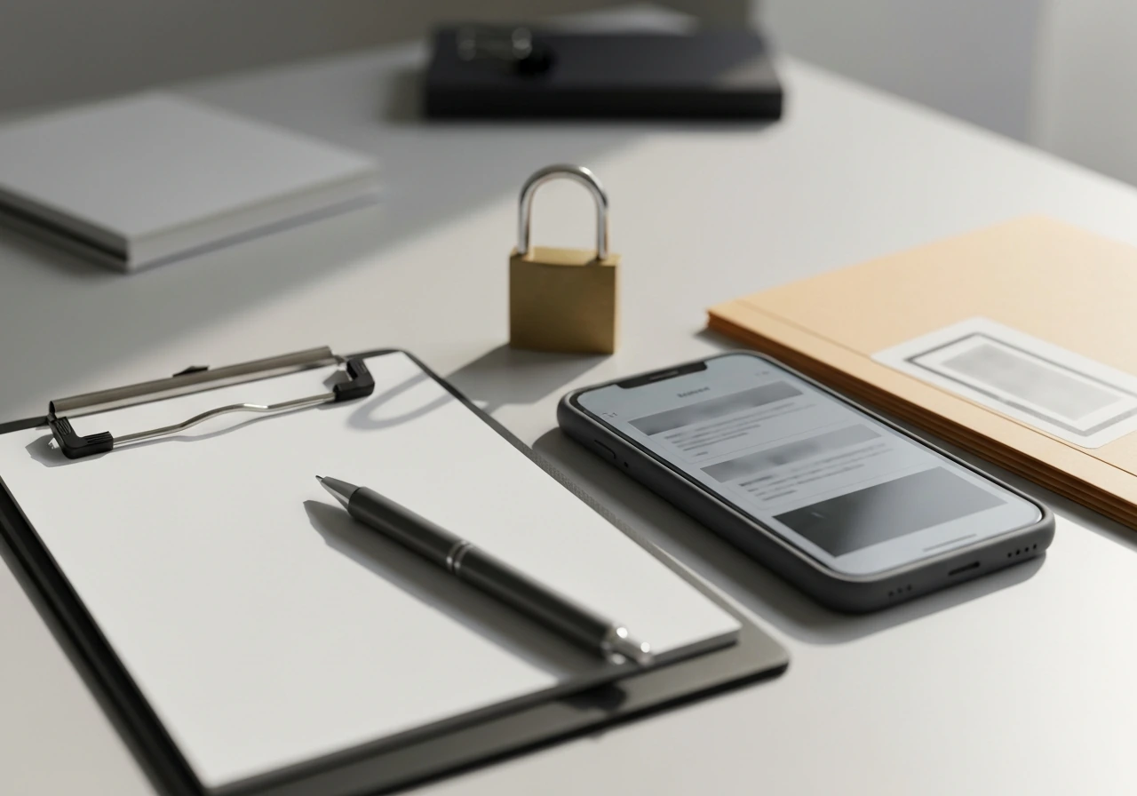 Anonymous desk with locked/blurred documents, a clipboard, and a padlock suggesting missing public records.