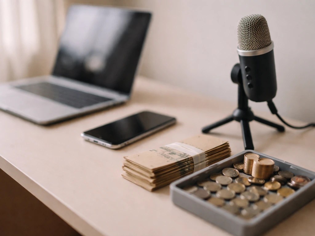 Minimal desk scene with smartphone, laptop, microphone, and cash envelopes symbolizing creator revenue channels.